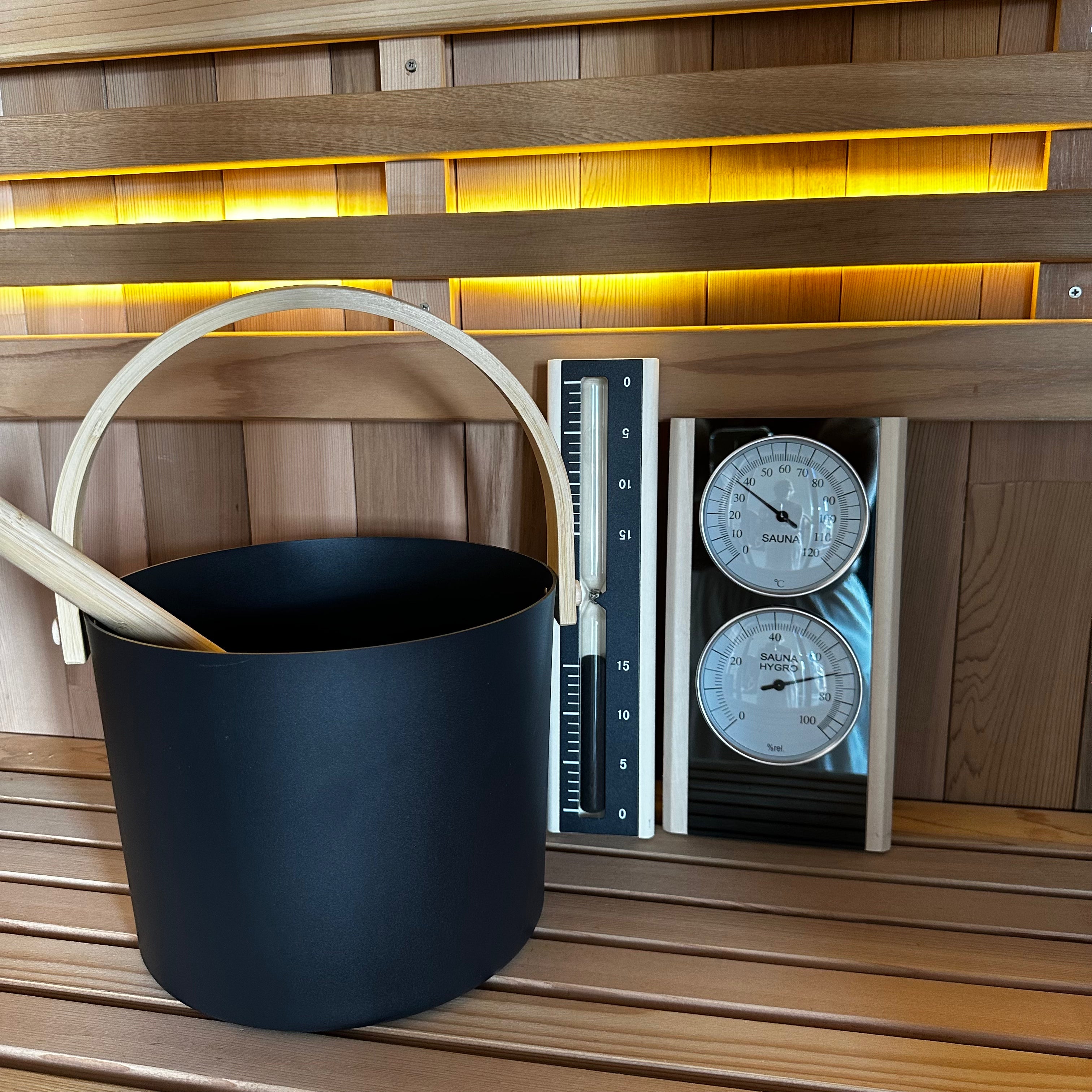 Black Sauna Accessories Bundle – Bucket, Ladle, Thermometer & Sand Timer
