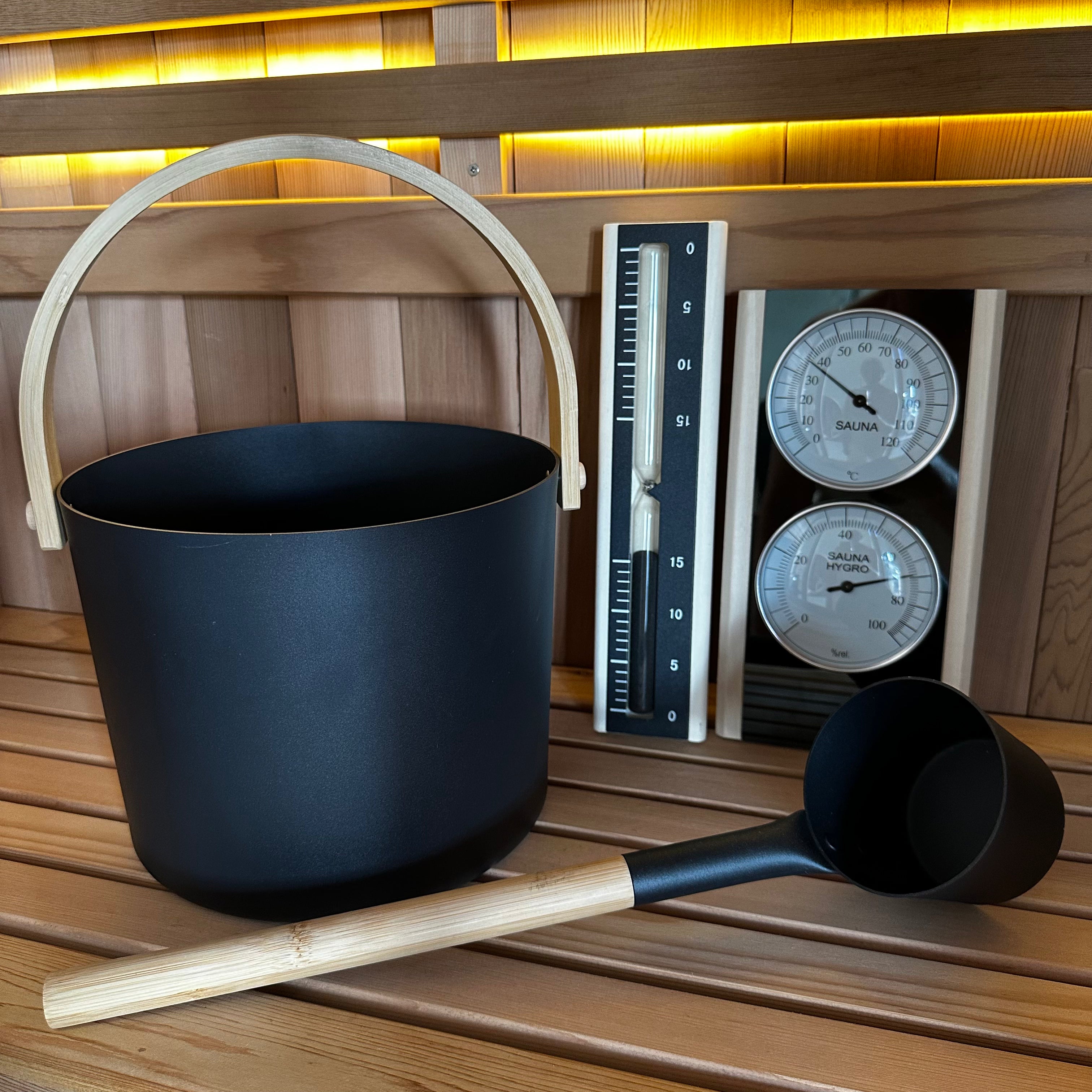 Black Sauna Accessories Bundle – Bucket, Ladle, Thermometer & Sand Timer