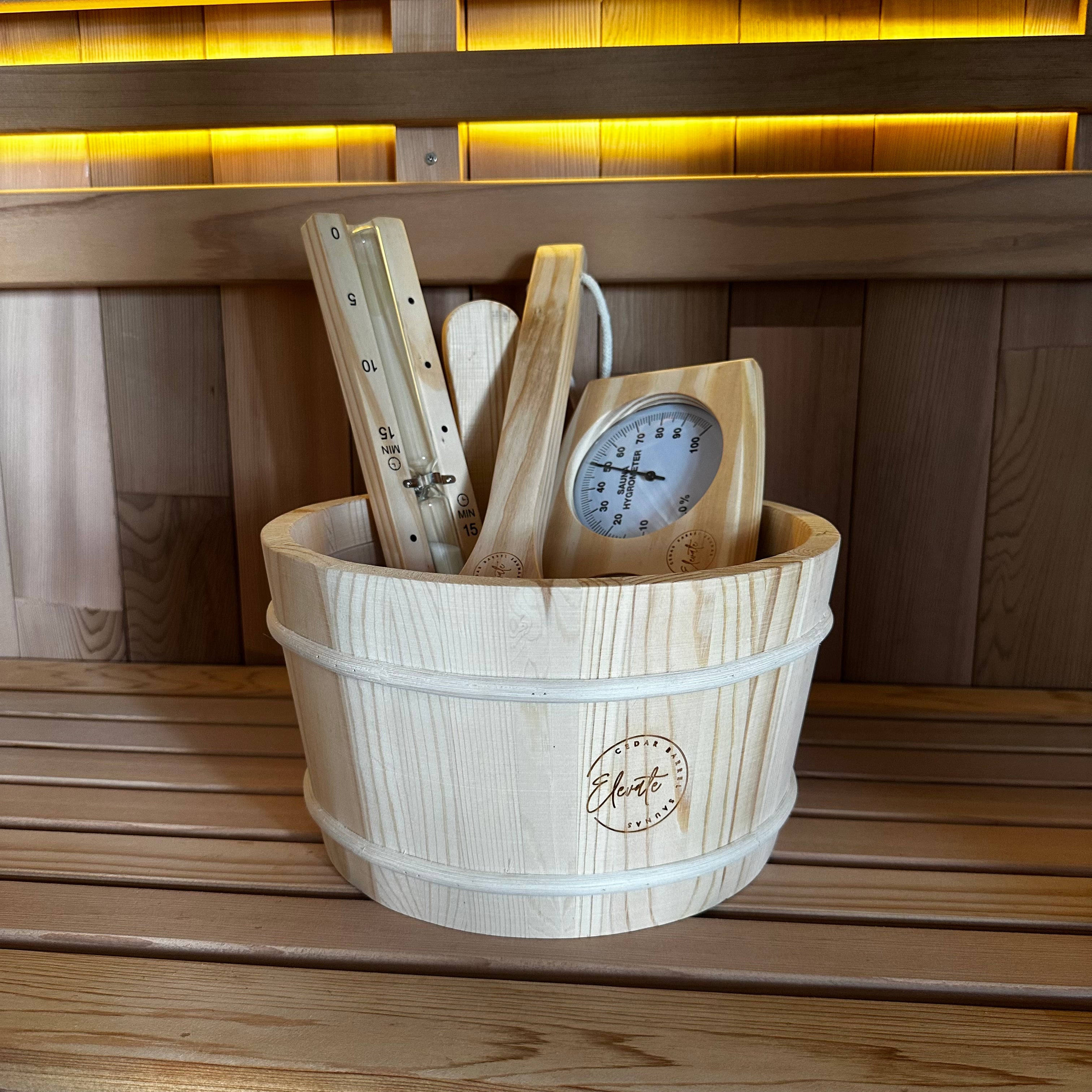 Pine Sauna Accessories Bundle – Bucket, Ladle, Thermometer & Sand Timer
