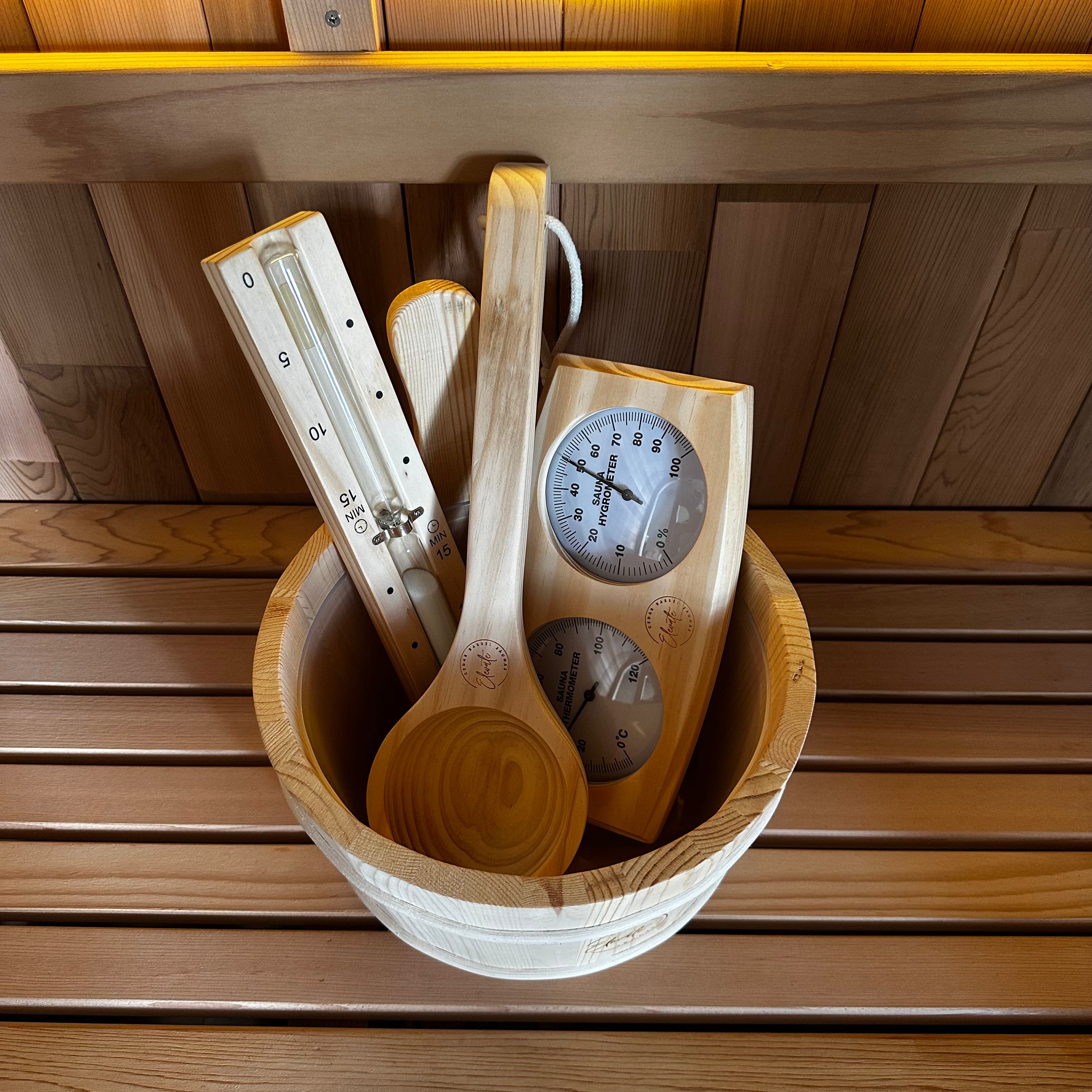 Pine Sauna Accessories Bundle – Bucket, Ladle, Thermometer & Sand Timer
