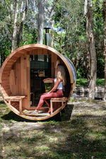 Load image into Gallery viewer, Deluxe Wood Fired 4-6 Person Cedar Barrel Sauna
