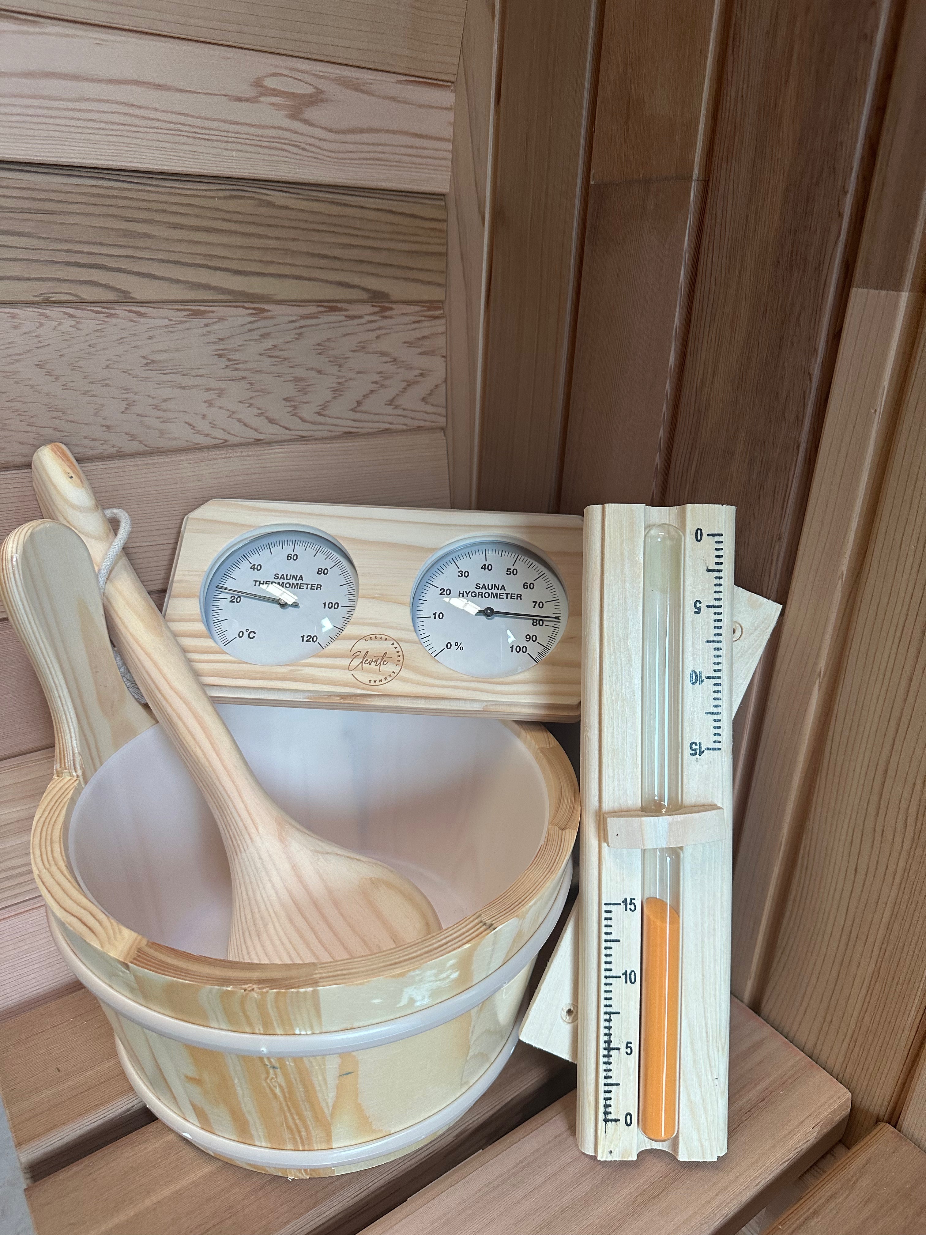 Pine Sauna Accessories Bundle – Bucket, Ladle, Thermometer & Sand Timer