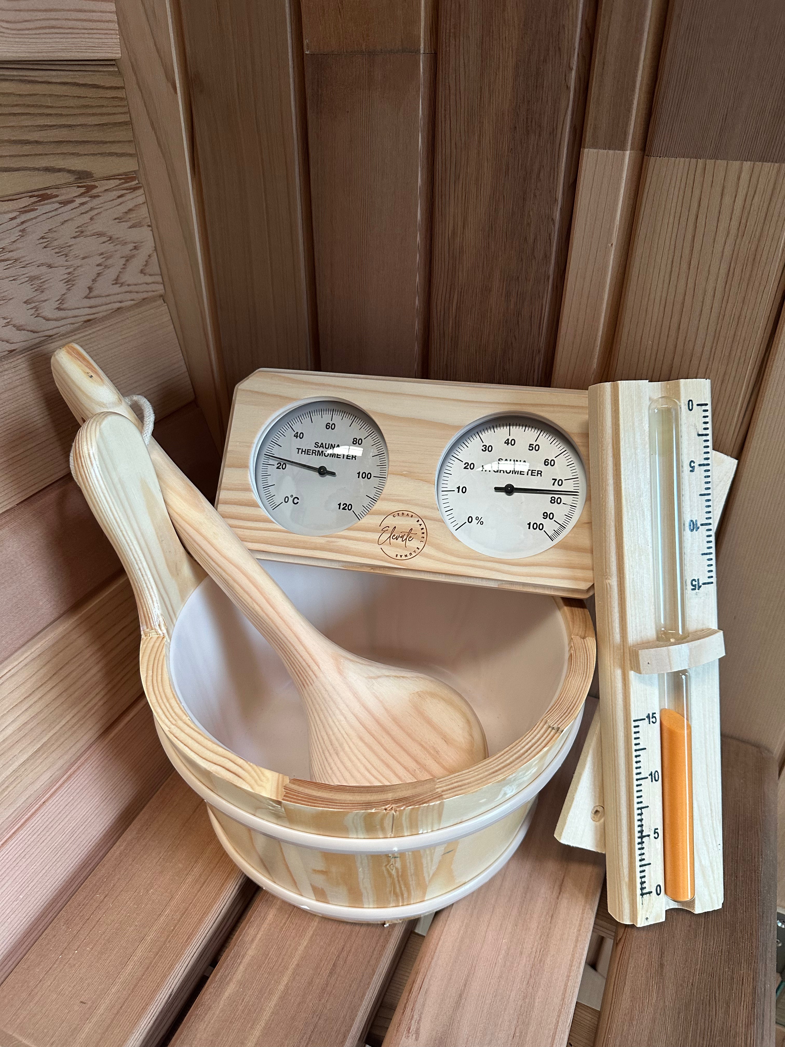 Pine Sauna Accessories Bundle – Bucket, Ladle, Thermometer & Sand Timer