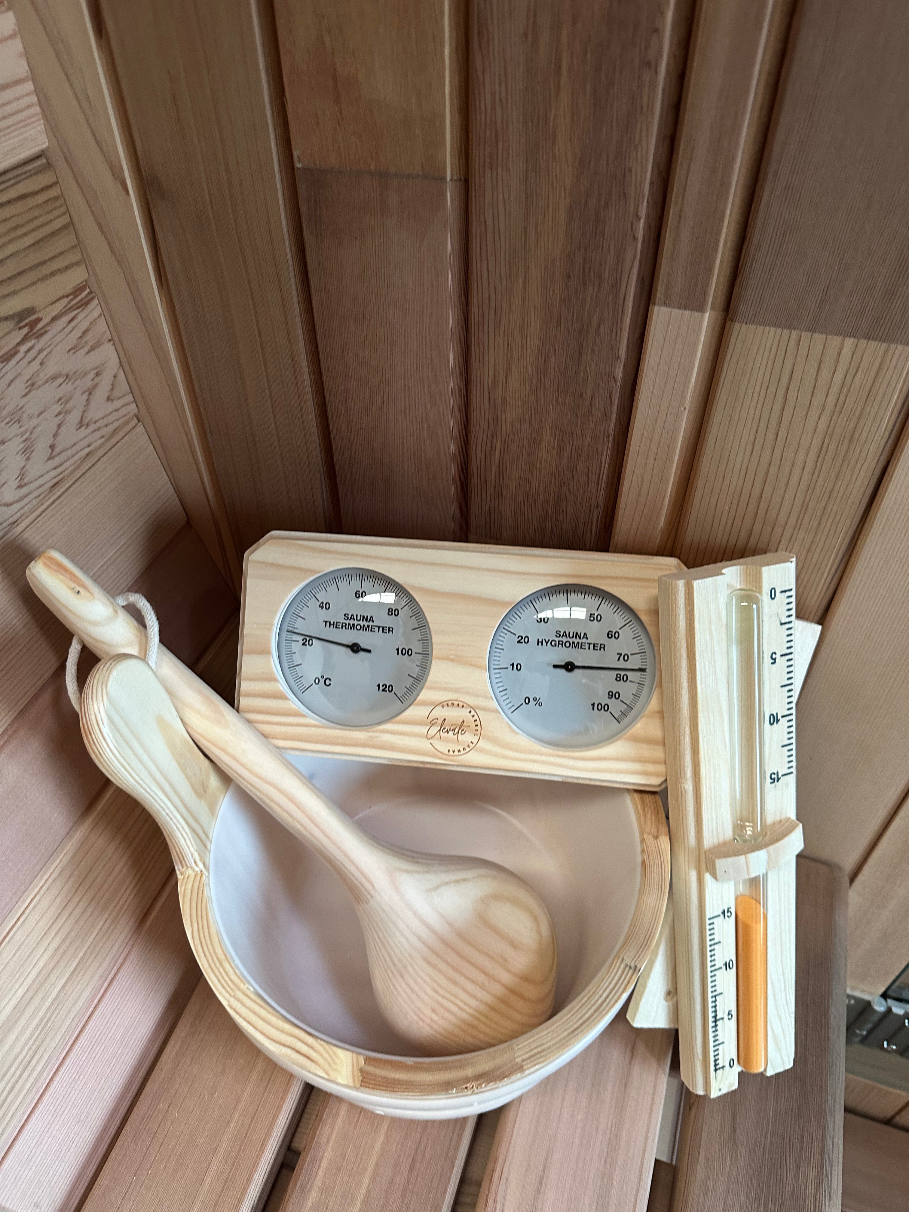 Pine Sauna Accessories Bundle – Bucket, Ladle, Thermometer & Sand Timer