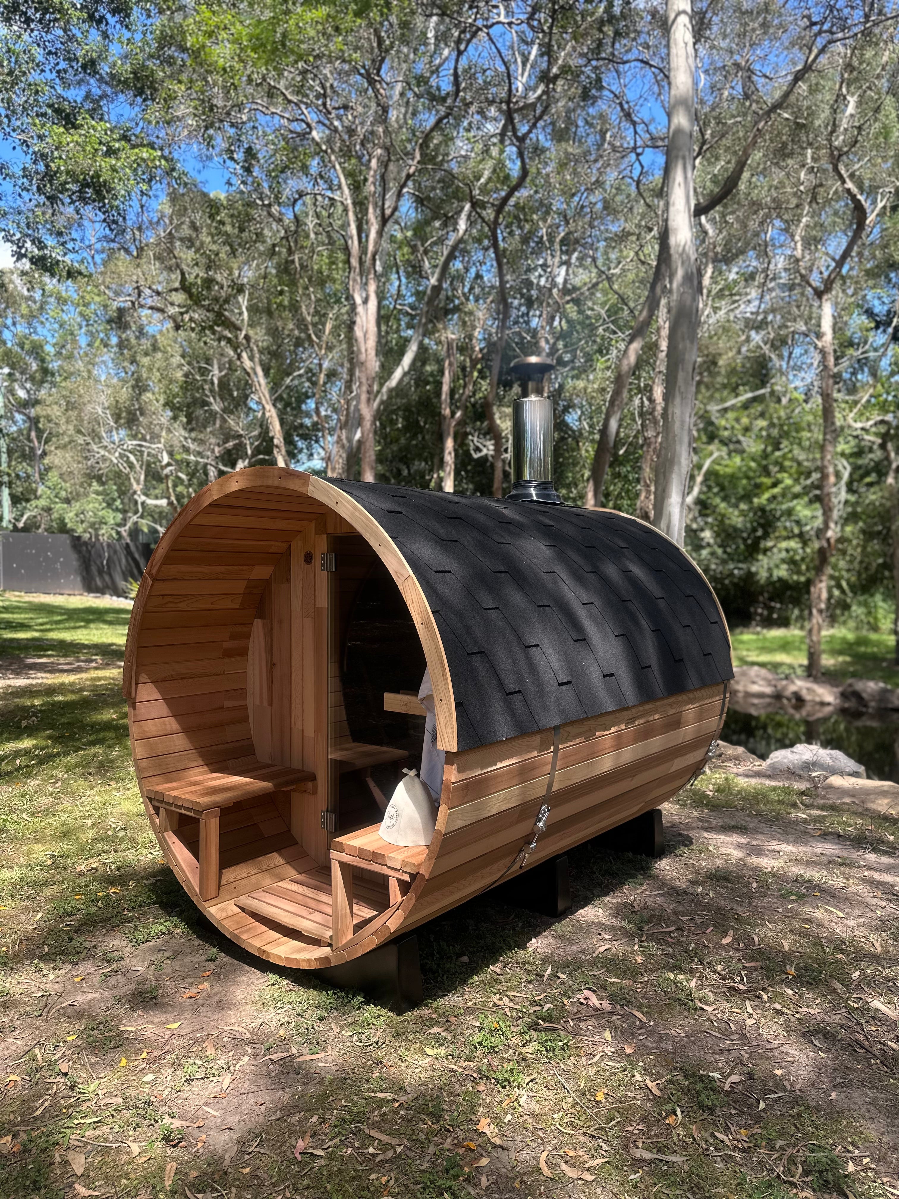 Deluxe Wood Fired 4-6 Person Cedar Barrel Sauna