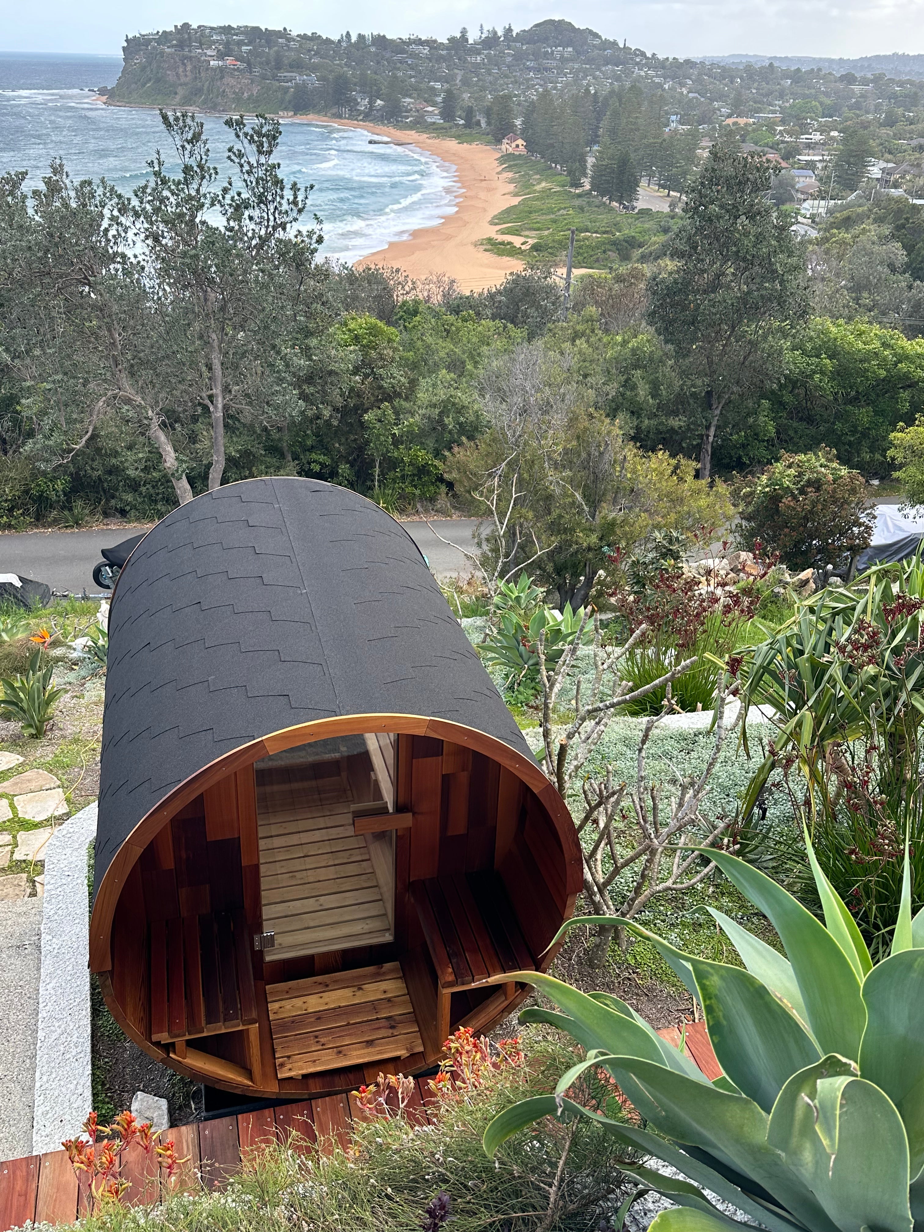 Deluxe Rearview 4-6 Person Traditional Cedar Barrel Sauna