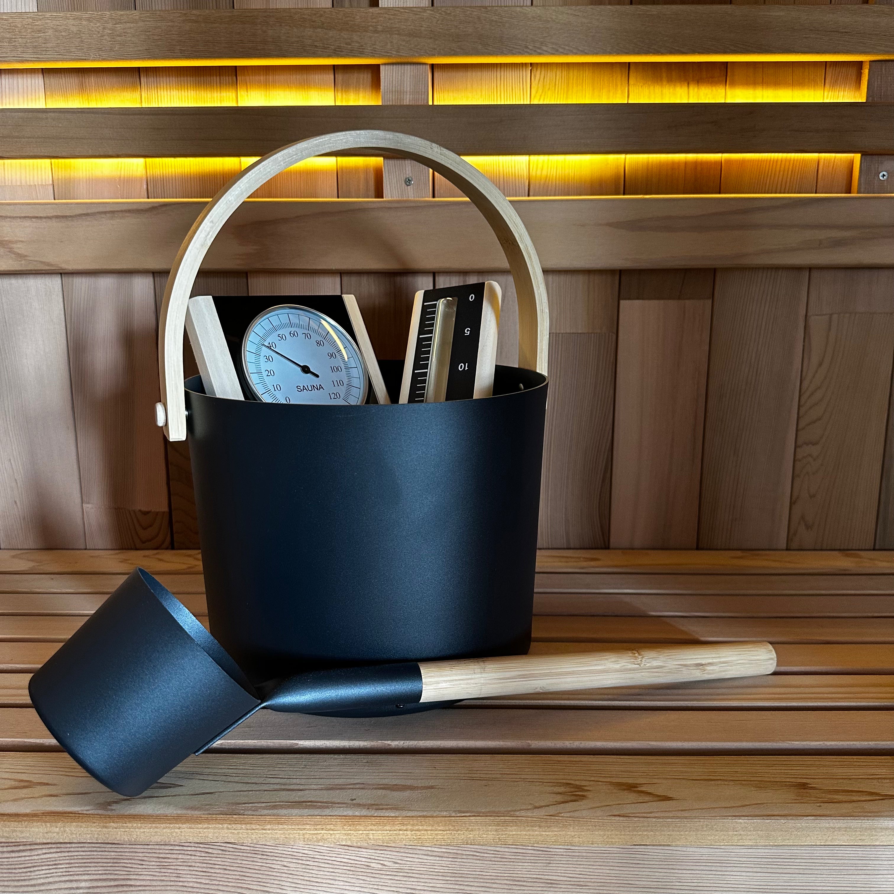 Black Sauna Accessories Bundle – Bucket, Ladle, Thermometer & Sand Timer