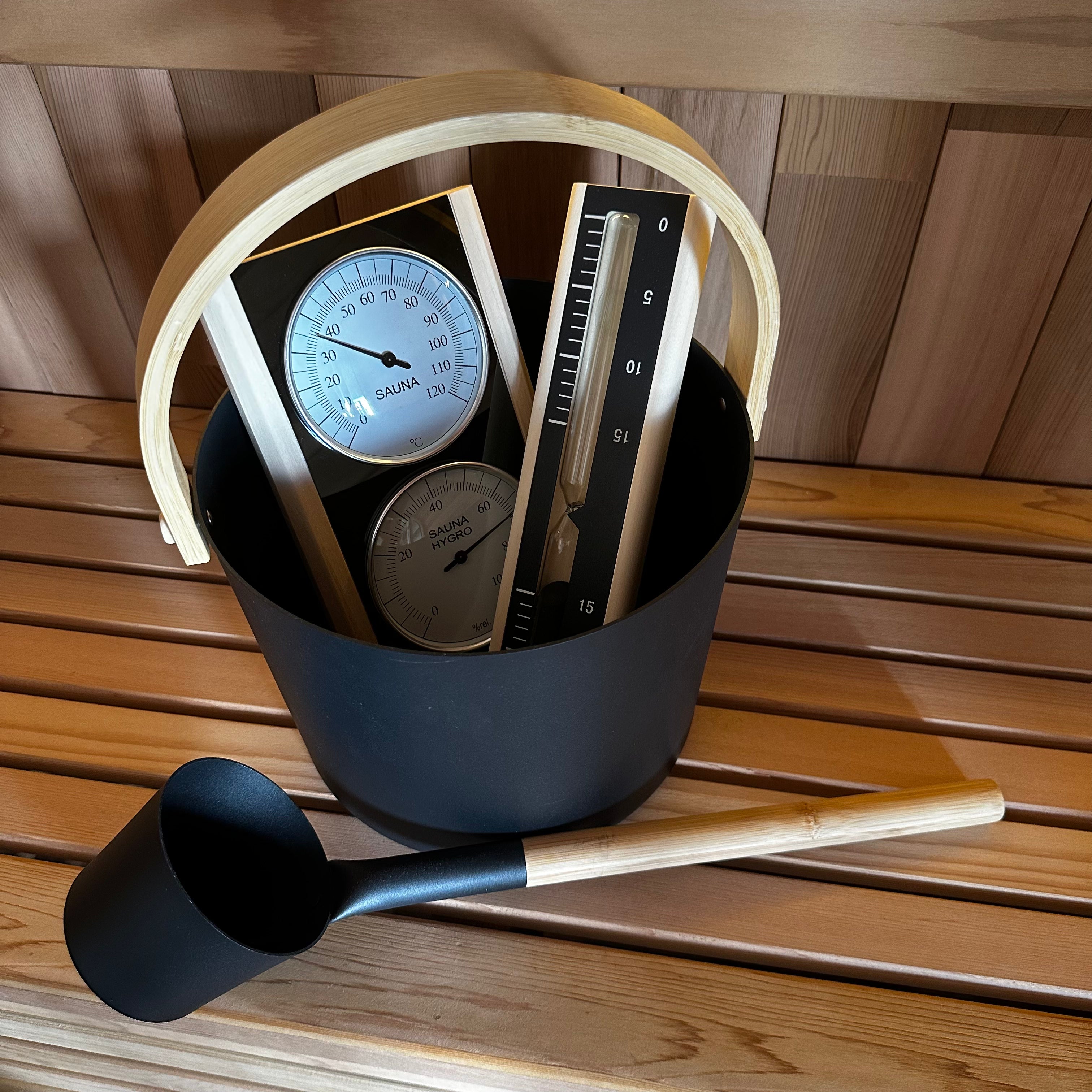 Black Sauna Accessories Bundle – Bucket, Ladle, Thermometer & Sand Timer