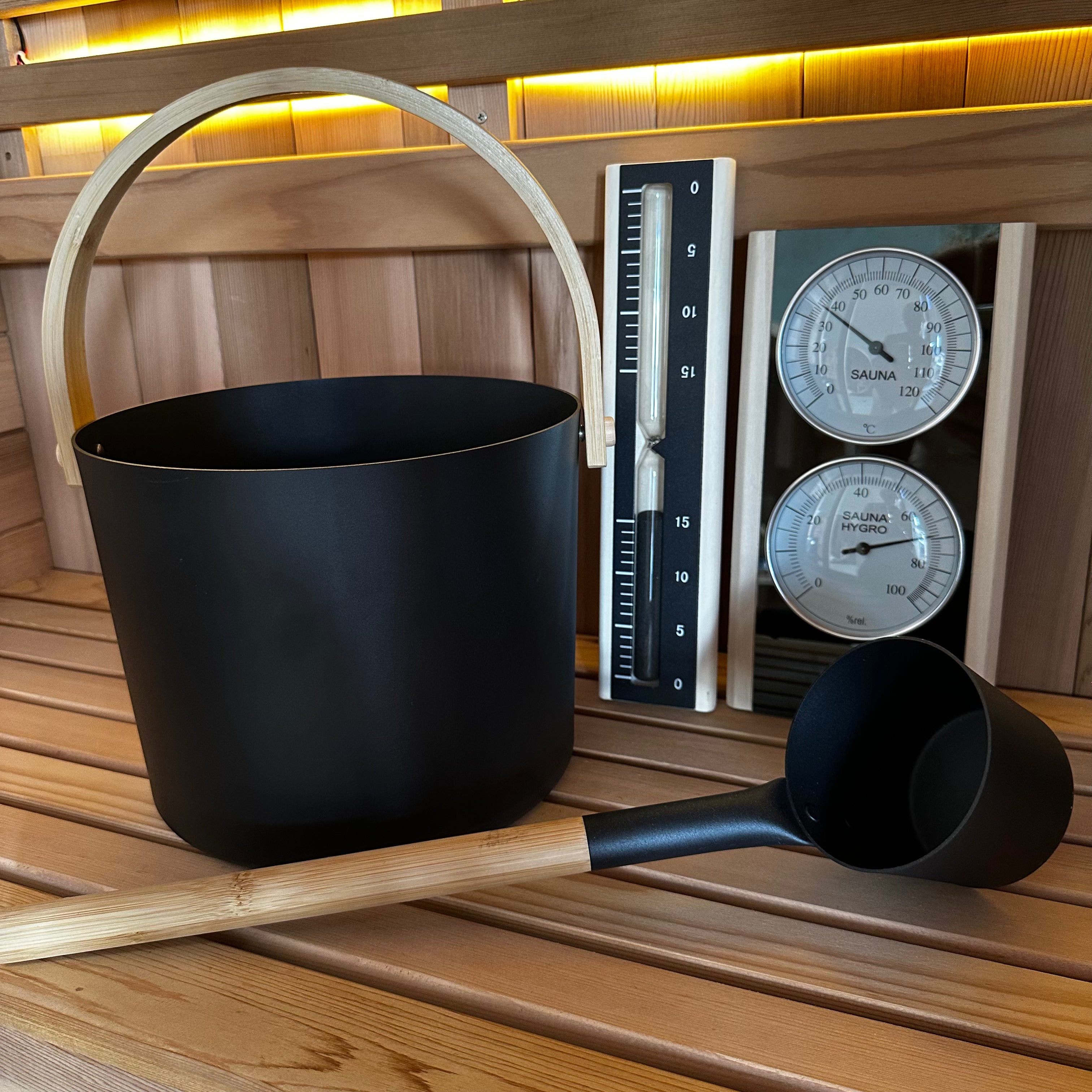 Black Sauna Accessories Bundle – Bucket, Ladle, Thermometer & Sand Timer