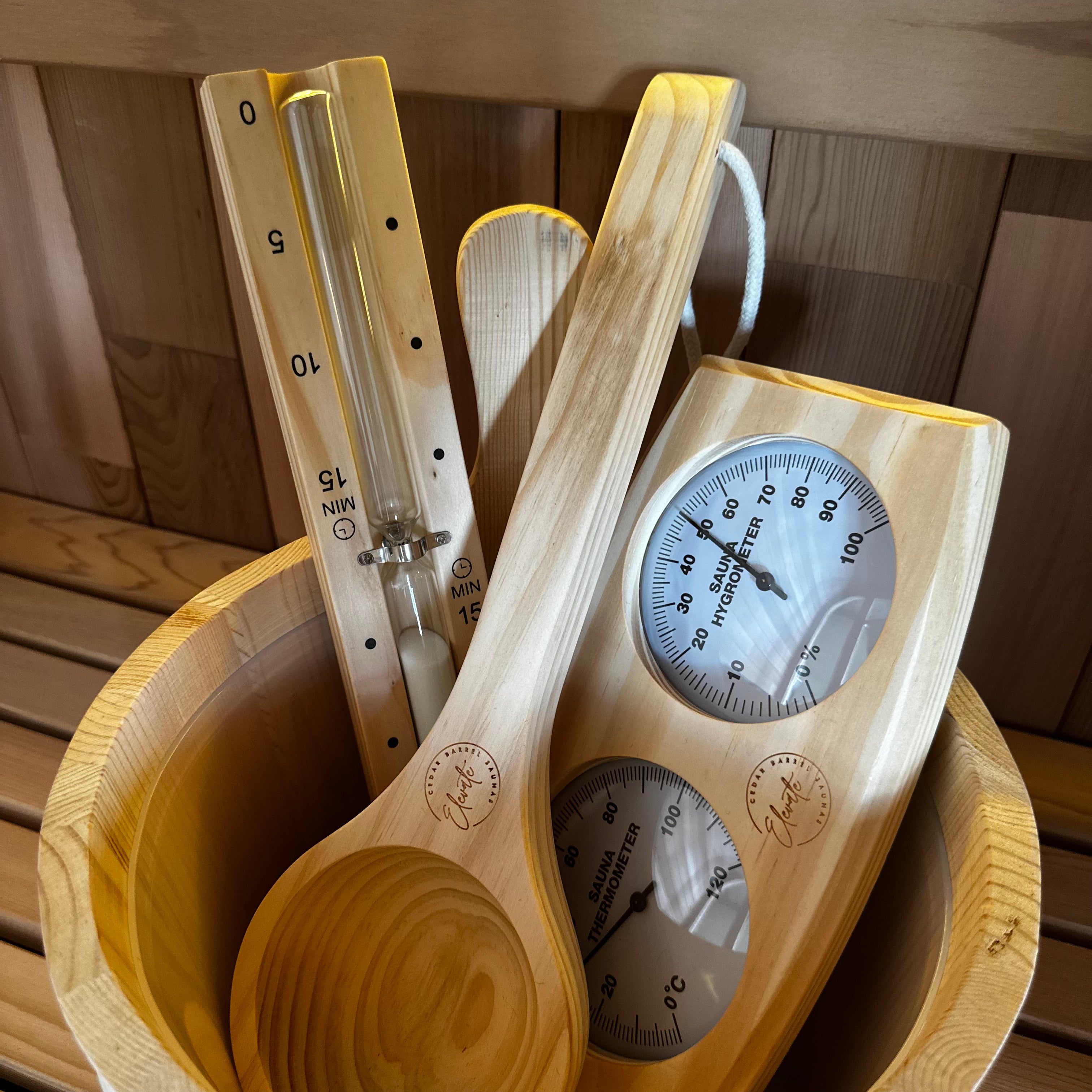 Pine Sauna Accessories Bundle – Bucket, Ladle, Thermometer & Sand Timer