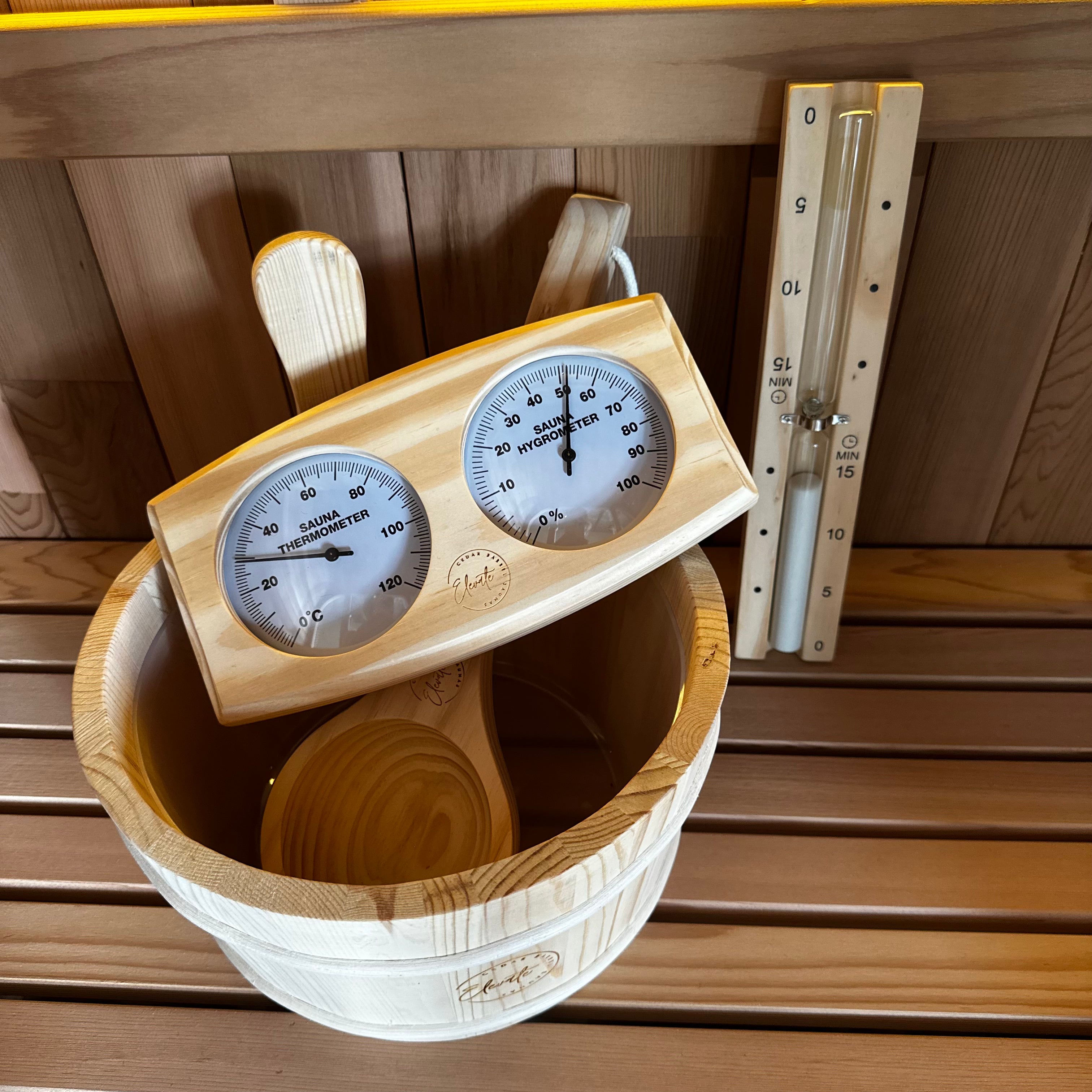Pine Sauna Accessories Bundle – Bucket, Ladle, Thermometer & Sand Timer