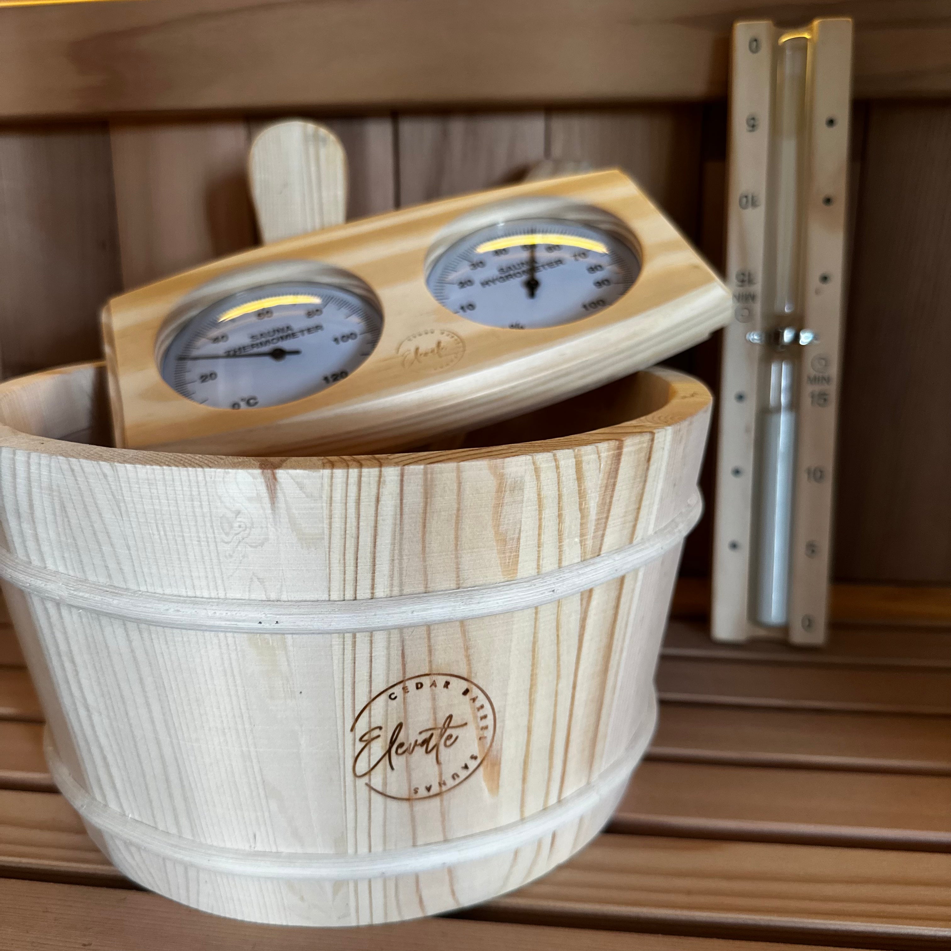 Pine Sauna Accessories Bundle – Bucket, Ladle, Thermometer & Sand Timer