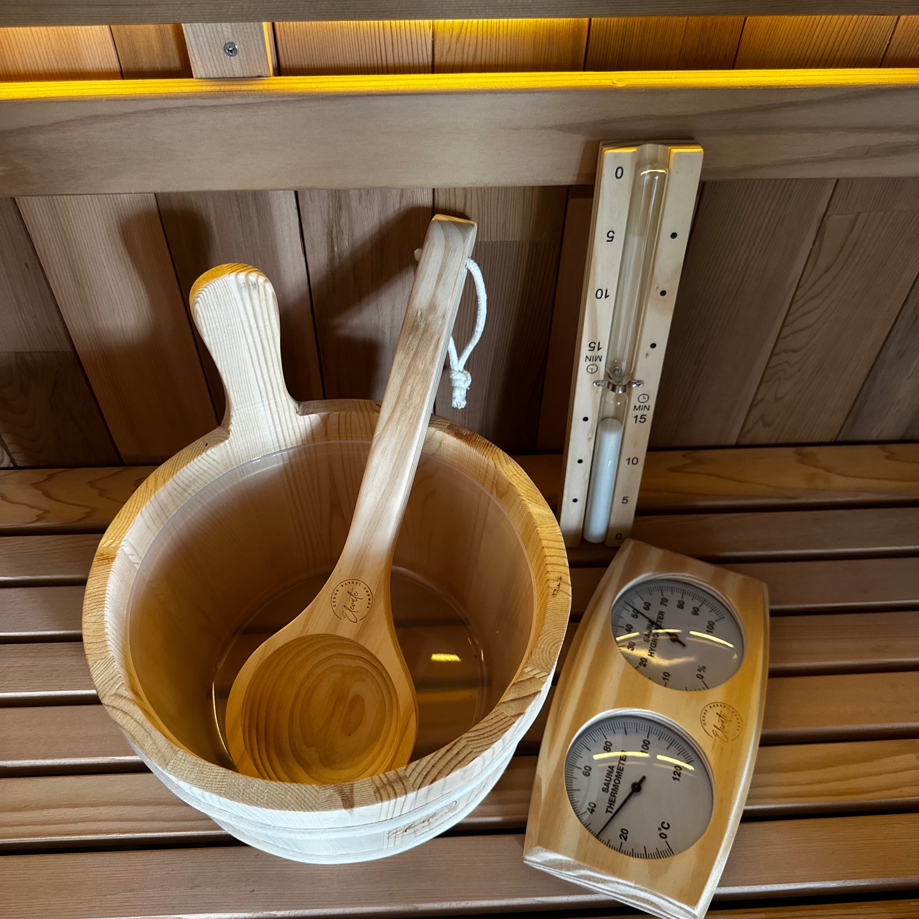 Pine Sauna Accessories Bundle – Bucket, Ladle, Thermometer & Sand Timer