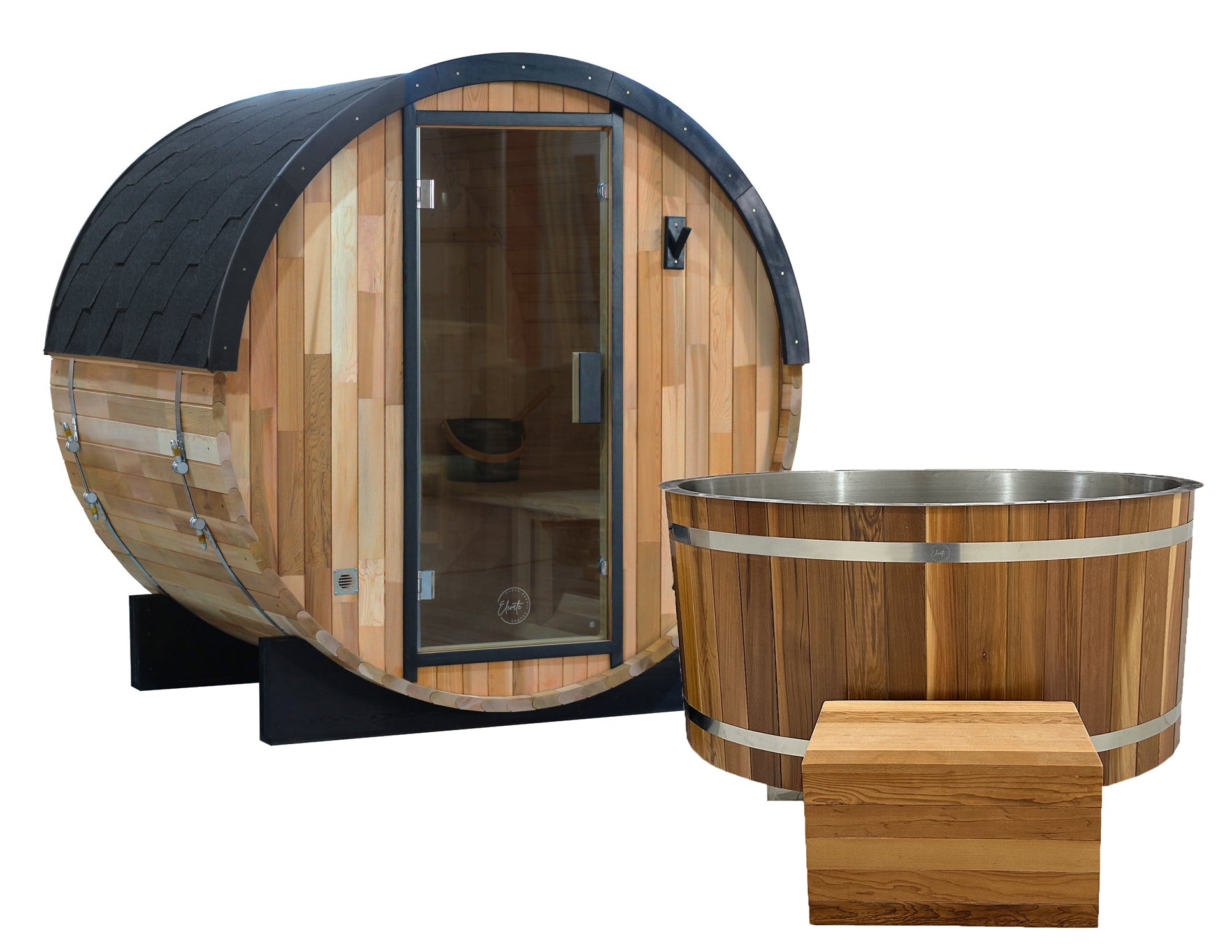 Curve Cedar Ice Bath + Urban 2-4 Person Sauna