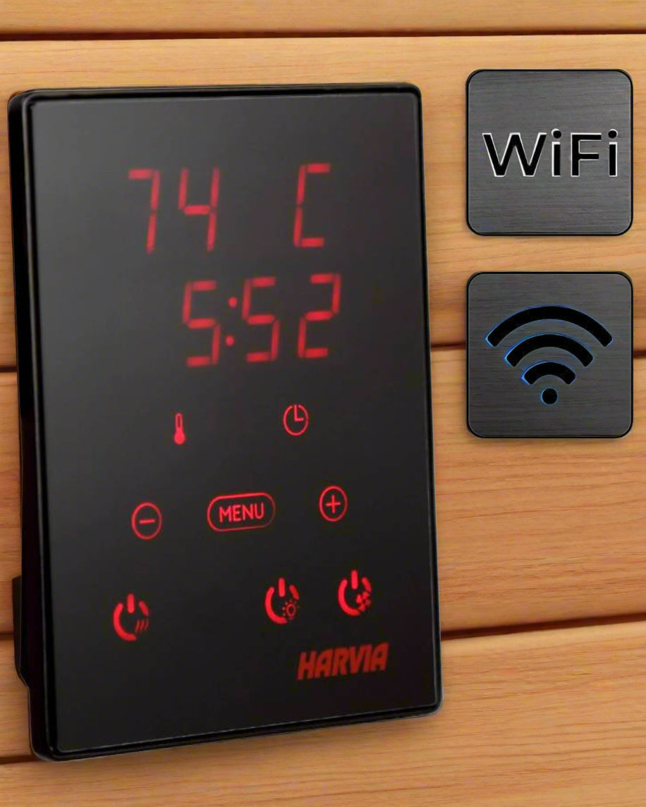 Digital WiFi temperature controller with red display and Harvia branding on a timber background